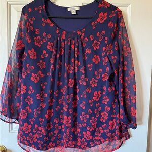 Croft & Barrow Navy Blouse with Red Floral Design